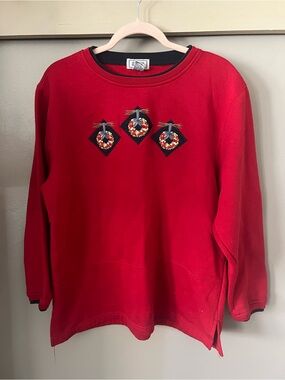 Jennifer Moore Red Crewneck Sweater with Wreath Embroidery